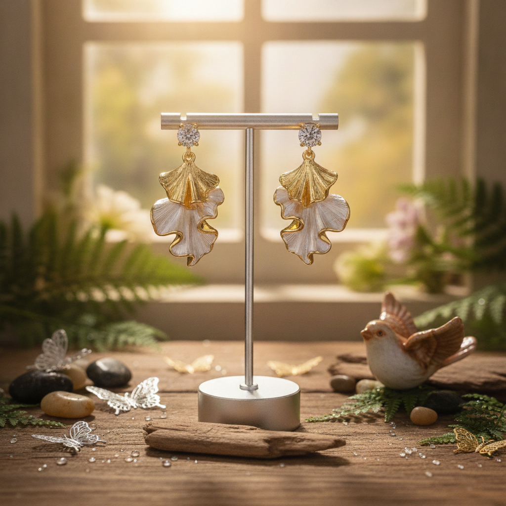 Two-Tone Enamel Leaf Zirconia Earrings